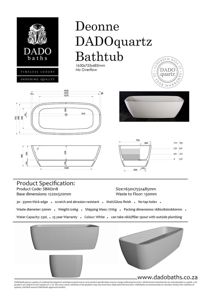 Deonne Freestanding Bathtub DADO Spec Sheet